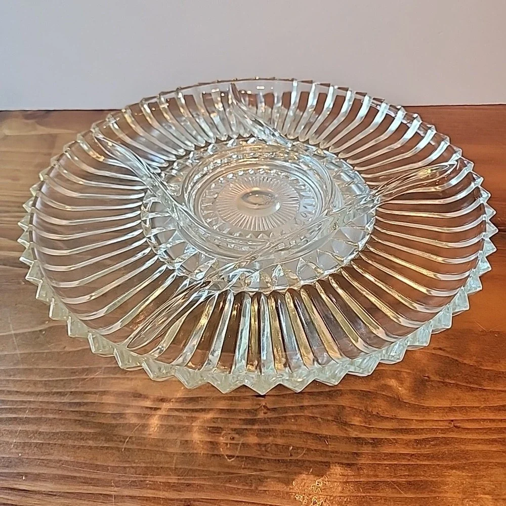 Vintage Kromex Lazy Susan Glass Tray with Inserts Relish Tray‎ Chrome Pedestal